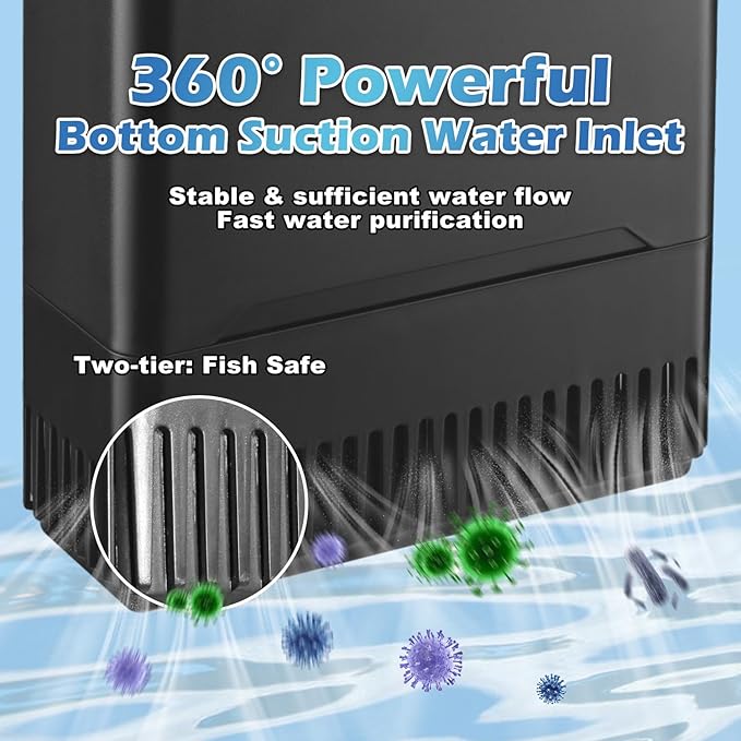 Turtle Tank Filter Aquarium Filter Power Adjustable 20-75 Gal. 290GPH Large Internal Filter 3-Stage Waterfall Bio-Filtration Low Water Level for Freshwater Saltwater Fish Tank Reptile Shrimp Frog