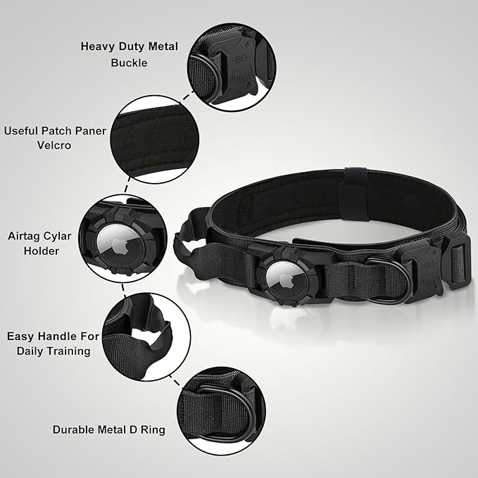 Waterproof Tactical Dog Collar with AirTag Holder - Heavy Duty Adjustable Collar for Medium to Large Dogs, Control Handle & Apple AirTag Compatible [Black,