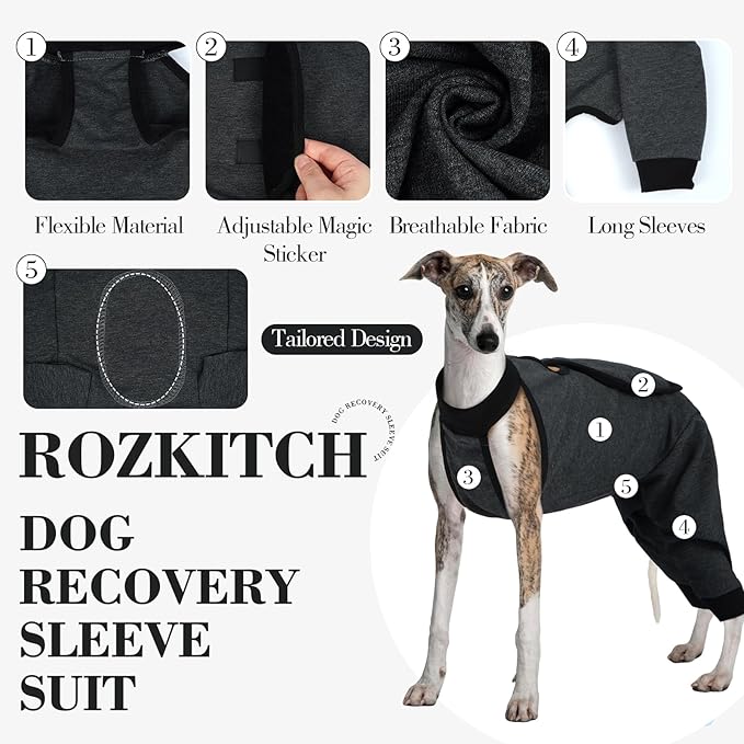 ROZKITCH Dog Surgery Leg Sleeve Rear Legs, Male Female Pet Prevent Licking Wound Elbow Knee Protector, Dog Recovery Suit Cone Collar Alternative Pants Shirt for Wound Heal Wrap Grey XL