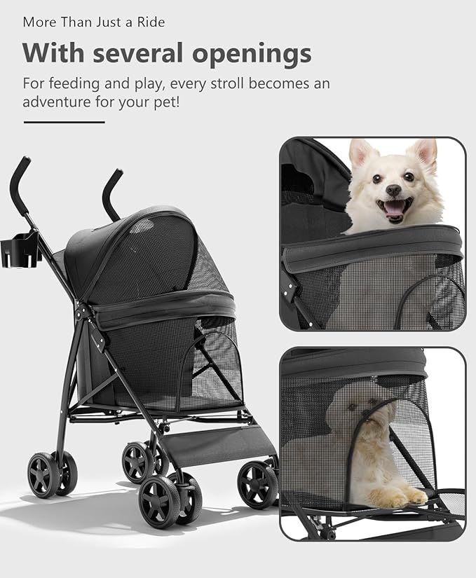 Pet Stroller with 4 Wheels for Small/Medium Pets, Portable Travel Foldable Carrier Jogger for Dog Cat Puppy Kitty, Rear Wheel Breaks, Storage Basket, Visible Mesh with Weather Cover (Black)