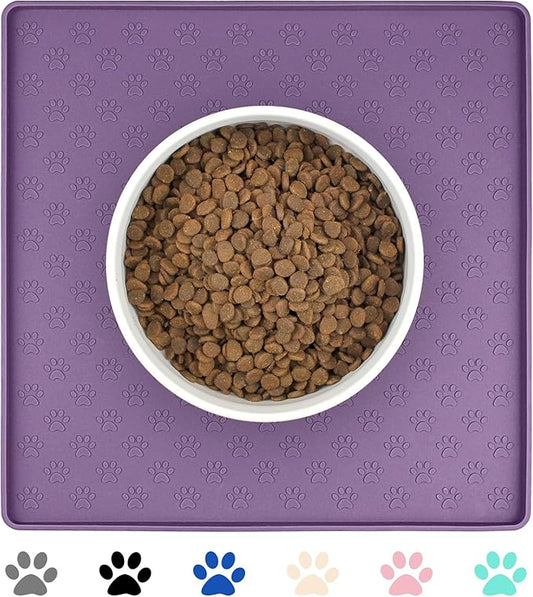 Ptlom Dog Food Mat Anti-Slip Bowl Mats for Food and Water, Waterproof Silicone Pet Placemat with High Raised Edges, Non-Slip Puppy Feeding Tray for Small, Medium Large Cats Dogs, Purple, 11.8"x11.8"