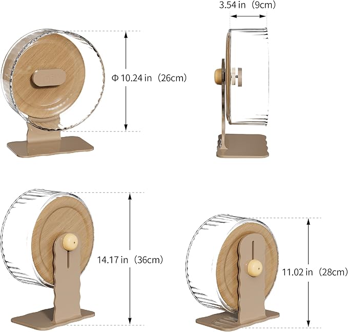 Silent Hamster Wheel 10.5 Inch Dual-Bearings Quiet Running Exercise Wheels with Wood Grain Backboard, Height Adjustable for Syrian Hamsters, Gerbils, Mice, Hedgehog, Lemmings, Warm Brown
