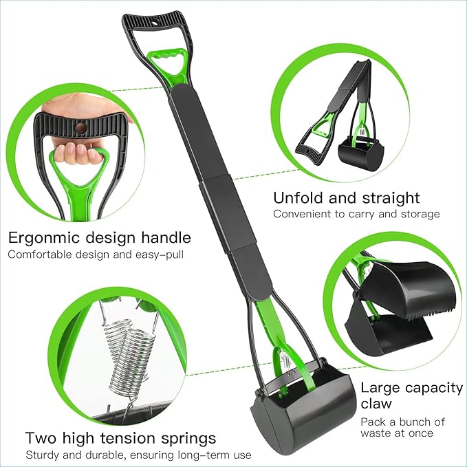 UPSKY 32'' Pooper Scooper for Large Small Dogs, Long Handle Dog Poop Scooper with Waste Bags, Portable Dog Poop Pick Up Tool, Folding Poop Scoop for Yard, Grass, Dirt, Gravel Green