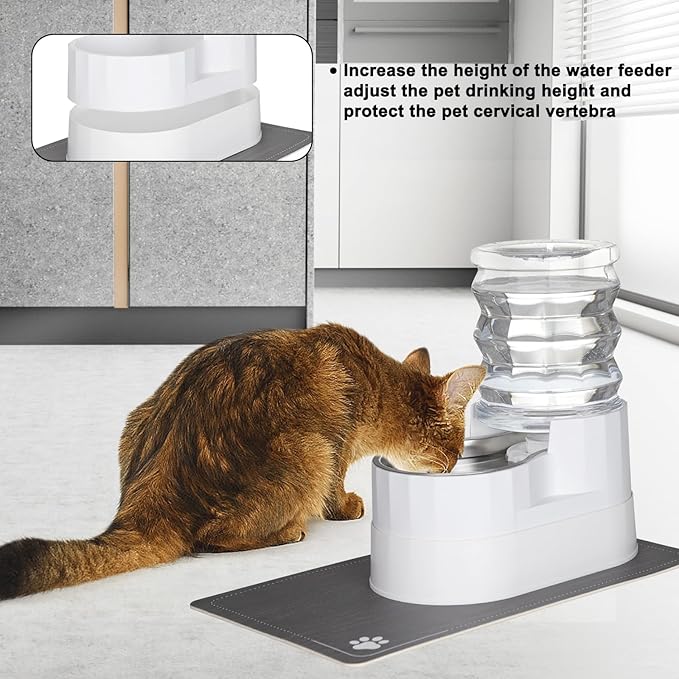 Sfozstra Automatic Gravity Water Dispenser: 5L White Stainless Steel Pet Bowl Waterer with Waterproof Pad - Raised Edge Water Feeder for Cats & Small Dogs Indoor/Outdoor