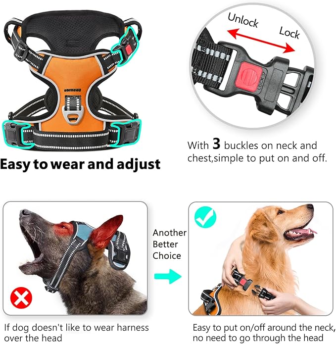 Timos Dog Harness Large Sized, No Pull with Neck Lockable Snap,No Choke Front Clip Dog Reflective Harness,Adjustable Metal Rings 3 Buckles,Easy Control Handle for Large Dogs Orange L