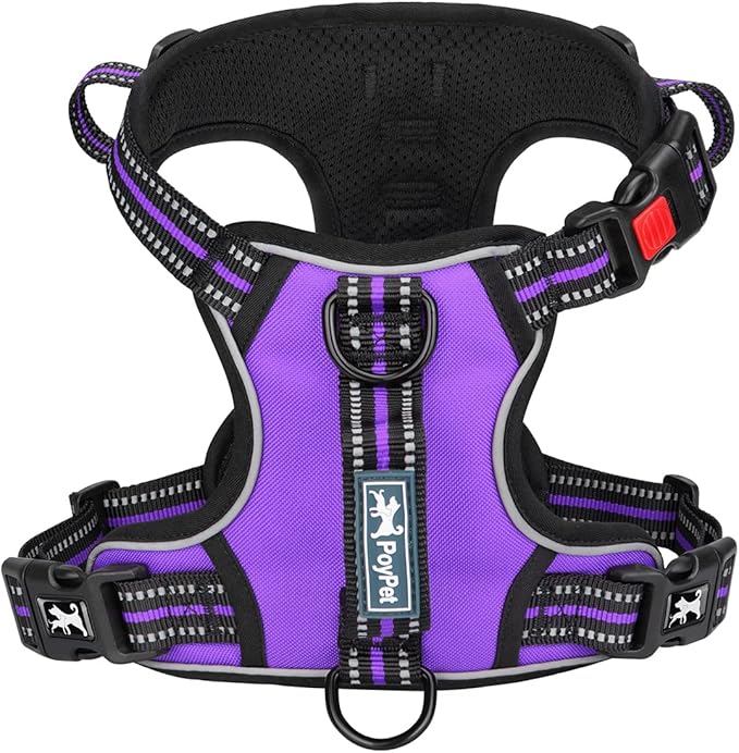 PoyPet No Pull Dog Harness, No Choke Front Clip Reflective Dog Vest with Soft Padded Vertical Handle, 3 Leash Attachments for Small Medium Large Dogs (Purple,XL)