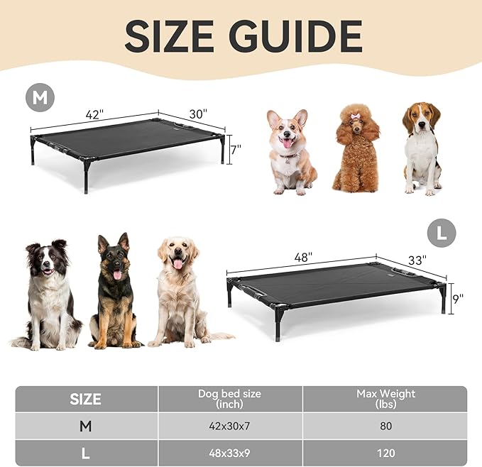 Petsfit Cooling Elevated Raised Dog Bed- Outdoor Pet Cot for Large Dogs, Upgraded Adjustable Firmness Pet Bed，Dog Hammock Bed with Durable Breathable Teslin Mesh，Non Slip, Black 48”