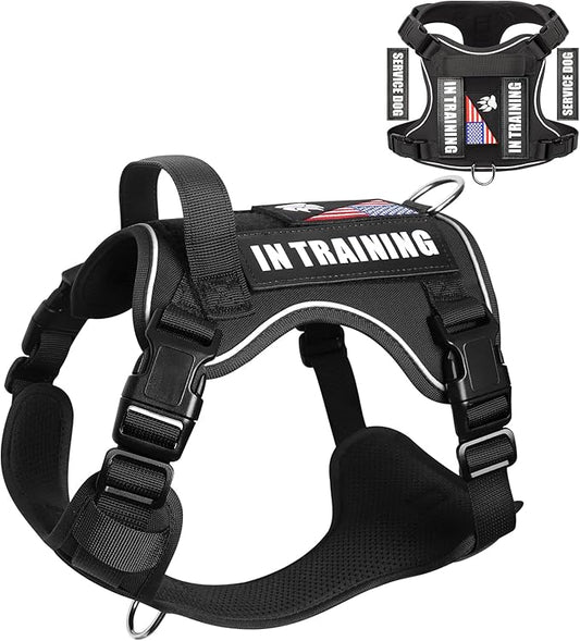WINSEE Service Dog in Training Harness with 5 PCS Patches, Reflective Tactical Dog Vest Harness, Adjustable Soft Oxford Pet Harness with Easy Control Handle, Hook & Loop Panels for Walking Hiking