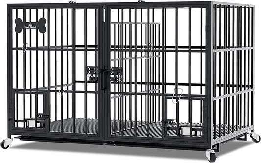 aboxoo 42/48 inch Heavy Duty Metal Dog Crate for 2 Dogs/Large Dog,All Metal Open Top Stackable,Dog Kennel Indoor with Wheels,Floor Grid, Tray, Divider and Feeding Bowl