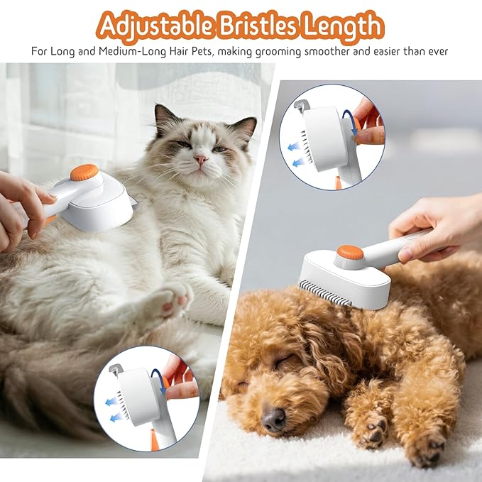 Self Cleaning Slicker Brush, 2-in-1 Cat Brush for Shedding, Skin Friendly Grooming Tool for Long & Medium-Long Hair Pets, Adjustable Bristle Length with Dematting Comb for Cats, Dogs (Orange)