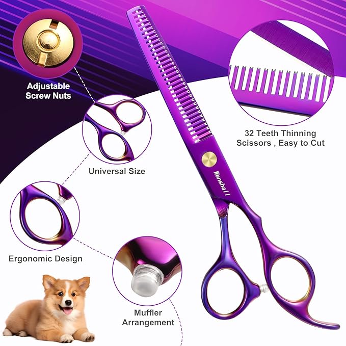 Professional Dog Grooming Scissors Set - 6.5" Thinning, 7" Straight, 7" Up-Curved, 7" Down-curved Scissors and Comb for Dog Cat Pet (Purple)