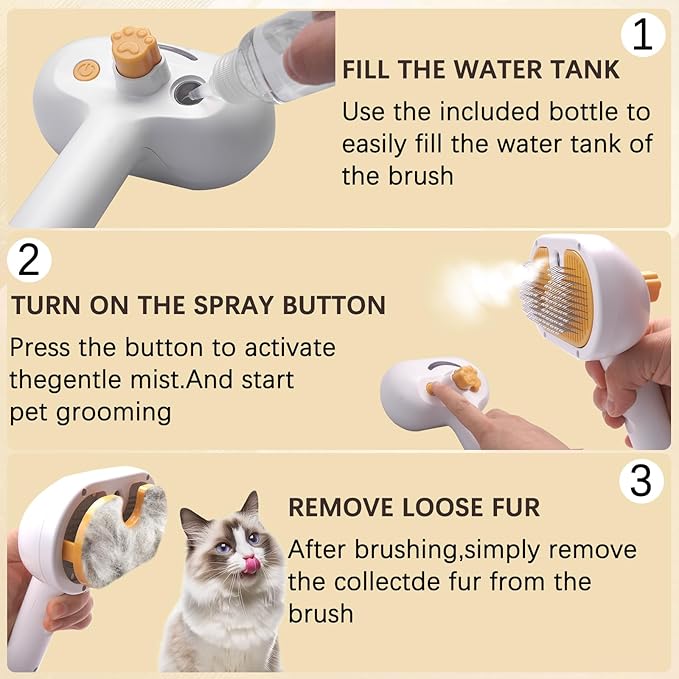 Pet Steam Brush for Dogs and Cats - 4-in-1 Spray Detangling Comb - Steam Detangling and Grooming - Water Brush for Long and Short Haired Pets - Includes Waterless Shampoo and Comb