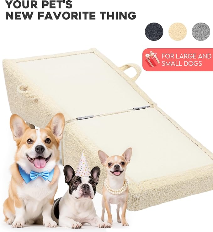 Dog Stairs for Small Dogs and Cats – 2-in-1 Dog Ramp for Bed and Couch, 16.5'' Foldable Wooden Pet Steps, Sturdy Multi-Use Split Ottoman Design, Beige