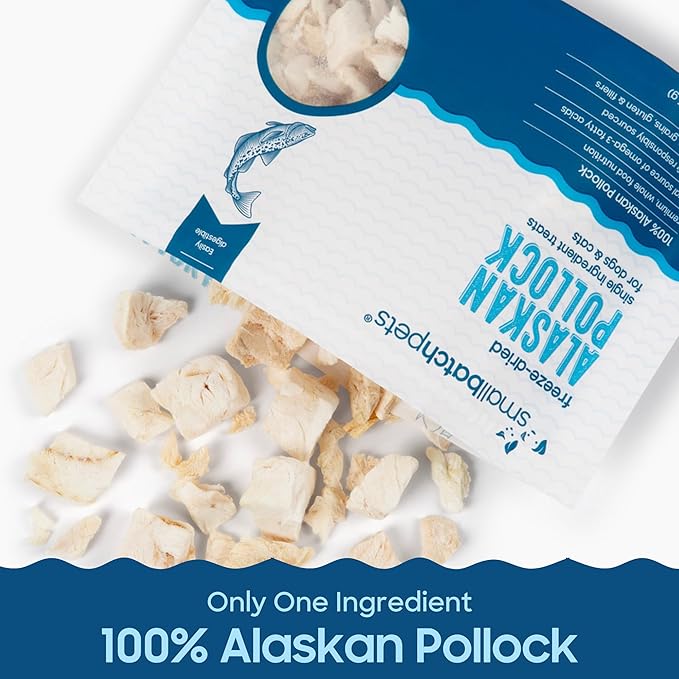 smallbatch Pets Freeze Dried Cat & Dog Treats, 1.25oz - Alaskan Pollock, Organic High Protein Treats, Omega 3 Fatty Acids, Gluten Free, Grain Free, Made in The USA, Ethically Sourced, Single Protein