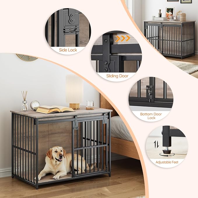 HOOBRO Dog Crate Furniture, 36.6" Heavy Duty Dog Kennel with Sliding Barn Door, Wooden Dog Cage Indoor, Decorative Side End Table for Small/Medium Dogs, Greige and Black GY162GW03G1
