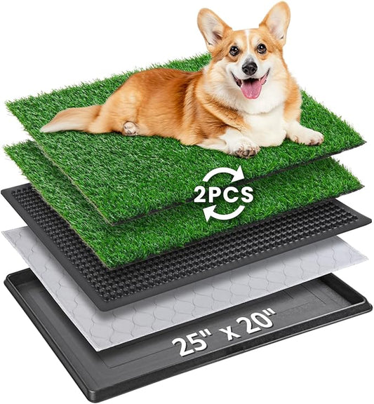 Portable Dog Litter Boxes with 2 Pack Replacement Artificial Grass,Indoor Outdoor Potty Training Turf,Washable Reusable Pee Pad for Dogs, Balcony Fake Grass Pad with Tray(Dog Litter Box, 20''x25'')