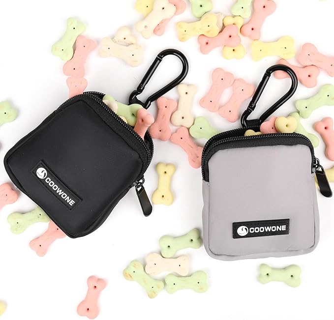 Dog Treat Pouch 2 PCS, Waterproof Small Dog Treat Bag for Leash, Hands Free Dog Walking Bag with Carabiner, Dog Poop Bag Holder for Pet Puppy Travel or Outdoor Use, Zipper Closure to Avoid Spilling