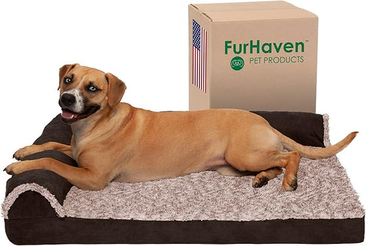 Furhaven Cooling Gel Dog Bed for Large/Medium Dogs w/ Removable Bolsters & Washable Cover, For Dogs Up to 55 lbs - Two-Tone Plush Faux Fur & Suede L Shaped Chaise - Espresso, Large