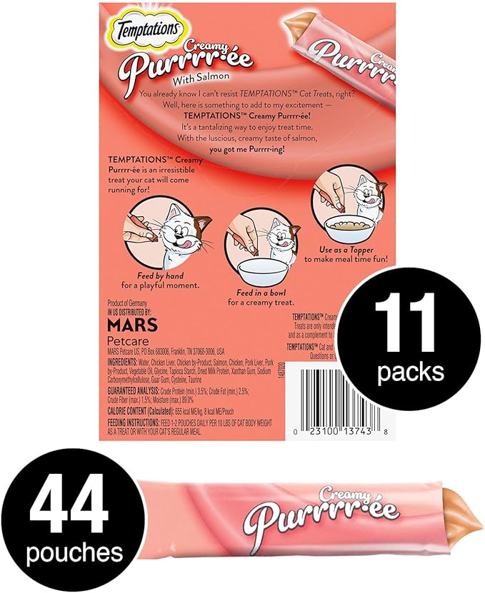 Temptations Creamy Puree Squeezable Lickable Wet Cat Treats with Salmon, 0.42 oz. Tubes, 4 Count, Pack of 11 (44 Total)