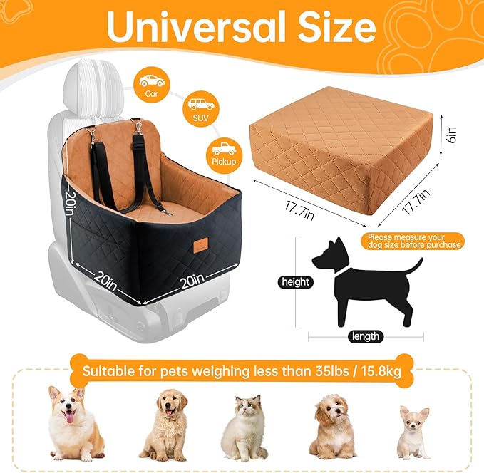 Dog Car Seats for Small/Medium Dogs, FurFrolic Memory Foam Dog Booster Seat for Small Dogs up to 35 lbs, Travel Pet Car Seat with Washable Detachable Cover, Storage Pockets, 2 Safety Belt, Black Brown