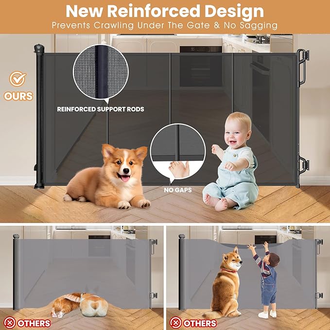Reinforced Retractable Baby Gate or Mesh Dog Gate,Easy to Use for Stairs, Doorways, Hallways, Indoor, Outdoor, Wide Pet Gate 33.5" Tall, Extends to 45" Wide, Black