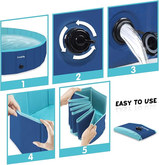 Furrybaby Dog Pool, Kiddie Pool with Hard Plastic Foldable Dog Bath Tub Portable for Dogs, Kids and Pet Swimming (Navy 39'') Indoor and Outdoor