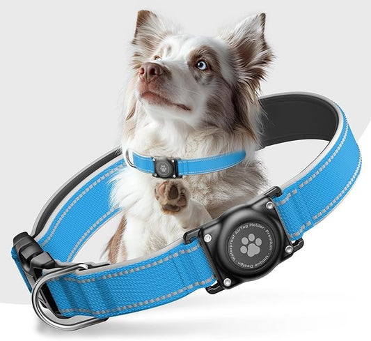 Airtag Dog Collar - 100% Waterproof Air tag Dog Collar Holder for Apple AirTag, Reflective, Soft Padded, Everlasting, GPS Dog Collar for Small Medium Large Dogs (Blue, S)
