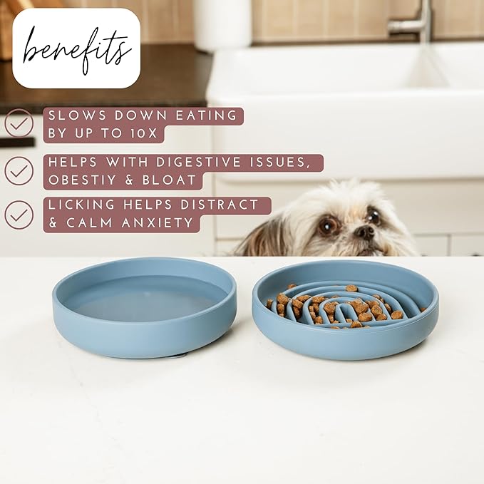 The Slowdown Bowl Silicone Slow Feeder for Cats & Dogs, Slow Eating Mealtime Solution with Modern Lick Mat Design, Reduces Gulping, Fits 1 Cup 6” Across x 1.25” Tall, Small-Ocean