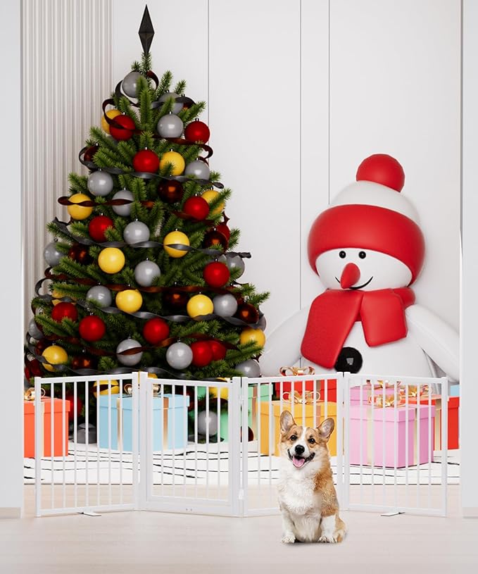 Full Metal Freestanding Dog Gate with Door, 24'' Height Foldable Pet Dog Fence for Indoor & Outdoor, 4 Panels Extra Wide Free Standing SmallDog Gates for Doorways,House,Stairs,Porch,Deck,Yard