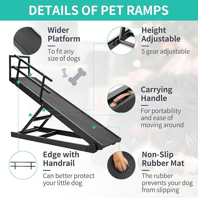 Dog Ramp, 5 Level Adjustable Height Folding Pet Ramp for High Bed, Portable Paw Ramps Large Bed Ramp for Medium & Large Old Dogs & Cats - Natural Wood Furniture Quality