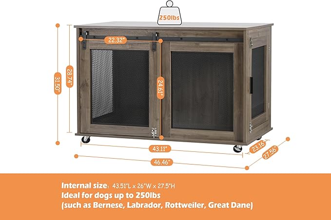 LINLUX 47 Inch XL Dog Crate Furniture, Wooden Heavy Duty Dog Kennel Indoor, Decorative Dog Cage Table for Extra Large Dogs, with Sliding Doors, Wheels and Flip-top Plate