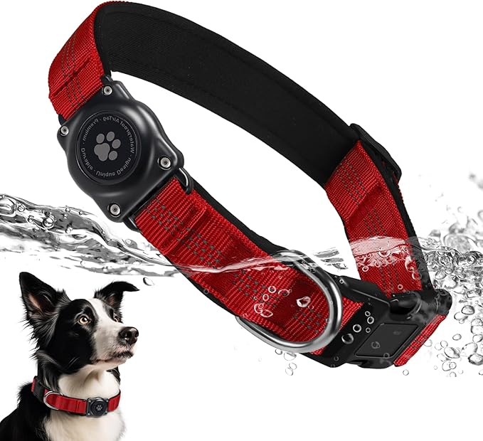 Upgraded AirTag Dog Collar, IP68 Waterproof Air Tag Dog Collar Holder, Reflective, Ultra-Durable, Comfortable Padded, Heavy Duty Dog Collars for Small Medium Large Dogs (L (14.8"-20.3"), Red)