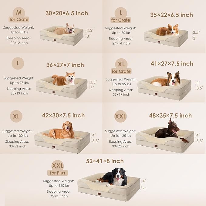 EHEYCIGA Memory Foam XL Dog Bed for XLarge Sized, Extra Large Orthopedic Dog Sofa with Sides and Waterproof Liner, Washable Bolster Pet Couch with Removable Cover, 48x35x7.5 Inch, Beige