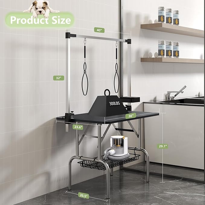 VFK 36" Dog Grooming Table,Foldable Pet Grooming Table for Dogs at Home Black Stainless Steel Bath Grooming Station with Adjustable Arm,Nooses, Mesh Tray,Tool Organizer