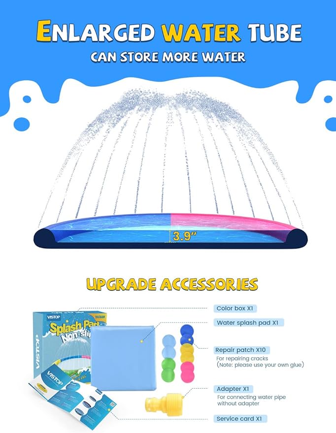 VISTOP Non-Slip Splash Pad for Kids and Dog, Thicken Sprinkler Pool Summer Outdoor Water Toys - Fun Backyard Fountain Play Mat for Baby Girls Boys Children or Pet Dog (67 inch, Red&Yellow&Green&Blue)