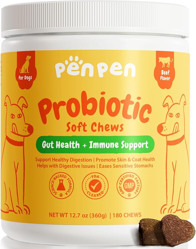 Penpen Probiotics for Dogs, Dogs Probiotics for Digestive Health, Multi-Probiotic and Enzyme Blend Promote Gut Health & Immune Support, Eases Sensitive Stomachs (Beef Chews, 180ct)