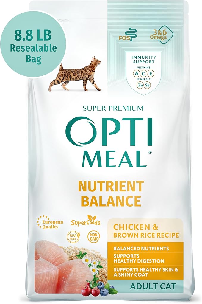 Optimeal Dry Cat Food - Healthy Balanced Nutrition for Immunity Support, Premium Nutrition Made with Natural Ingredients for Adult Cats, (8.8 lbs, Chicken & Brown Rice)