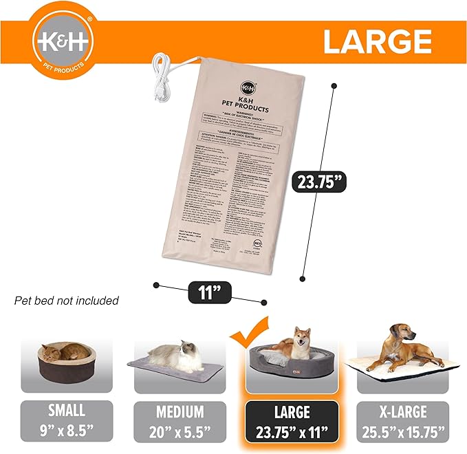 K&H Pet Products Pet Bed Warmer, Turn Any Pet Bed Into a Heated Cat or Dog Bed, Waterproof Indoor Heated Warming Pad Insert, Automatic Temperature, Safety Listed - Large 23.75 X 11in Tan