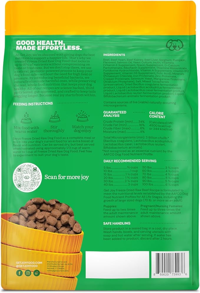 Get Joy Gut Health Fresh Freeze Dried Raw Meal, Beef Recipe, 16 Ounce Bag, Dog Food for Dogs of All Breeds and Life Stages, PhD Animal Nutritionist Formulated, USDA Beef, Made in USA