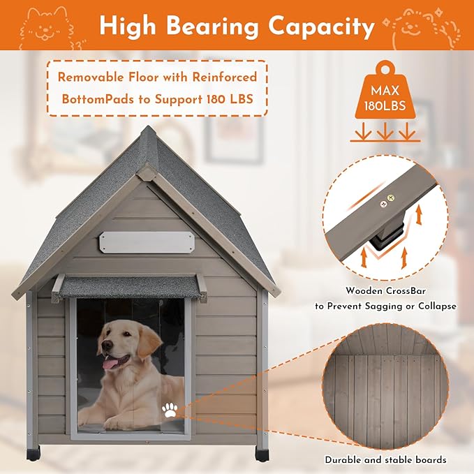 Outdoor Dog House Weatherproof Large Wooden Dog Kennel Indoor for Small Dogs with Chew-Proof Frame, Oxford Fabric Window, Removable Floor Pet Shelter (Grey, 30.5" D x 37.4" W x 39.3" H)