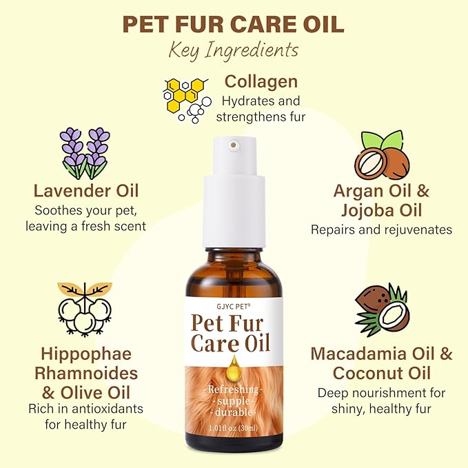 Pet Fur Care Oil - Detangles, Reduces Shedding - Adds Shine with Collagen & Natural Oils - Leave-in Conditioner for Dogs & Cats - 1.01 fl. oz