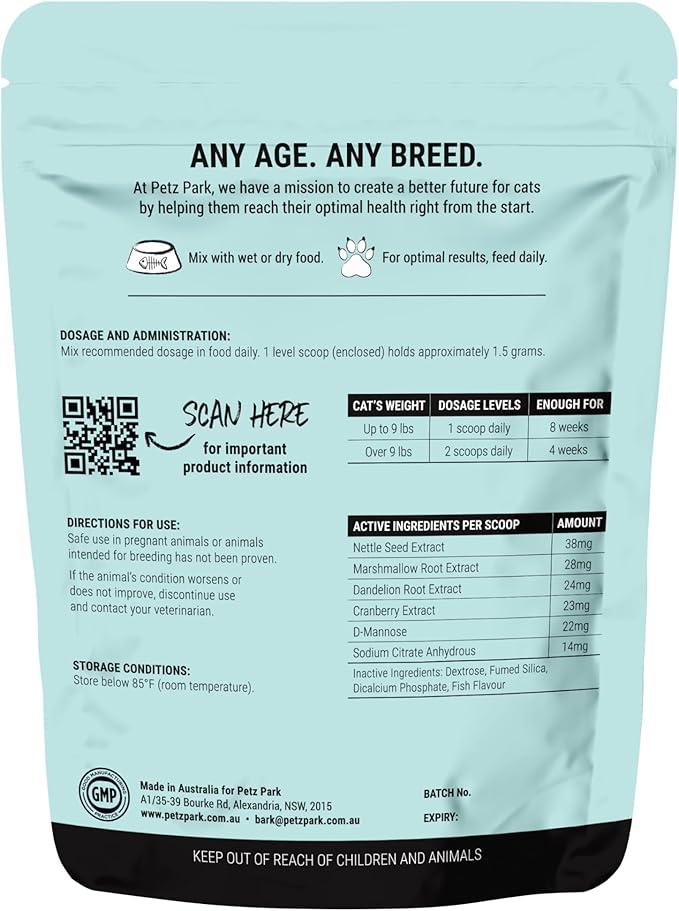 Urinary and Kidney Powder Supplement for Cats - Cranberry, Nettle Seed, D-Mannose for Cat UTI Treatment, Urinary Tract Health, and Kidney Care - Fast UTI Relief & Prevention - 60 Scoops