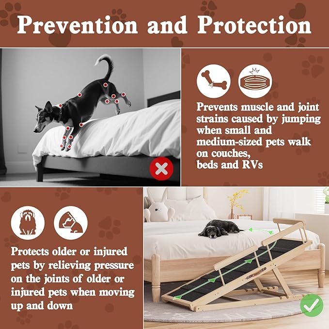 Dog Ramp for High Bed, Couch, Car, Pet Ramps 55.12" Long Adjustable 19.7"-27.6" Wooden Dog Step with High Traction Mat & Safety Side Rails for Small Medium Large Older Pets, up to 250 lbs