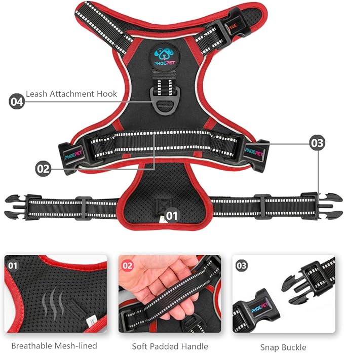 PHOEPET 2019 Upgraded No Pull Dog Harness, Reflective Adjustable Vest, with a Training Handle + 2 Metal Leash Hooks+ 3 Snap Buckles +4 Slide Buckles(XL, Black)