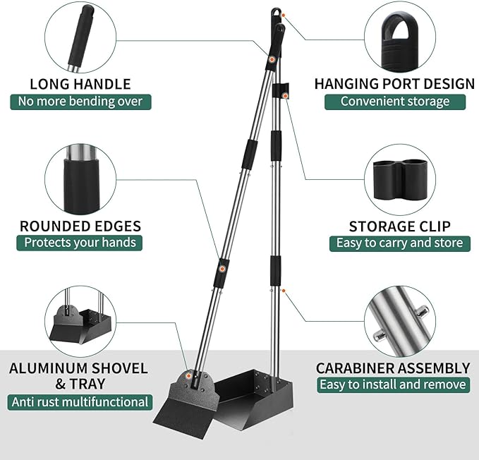 SCENEREAL Dog Pooper Scooper for Yard - Tray & Spade Set, Long Handle Metal Detachable Poop Scooper for Large Medium Small Dogs, Pet Waste Removal Scoop with No Bending for Outdoor Grass, Dirt Gravel
