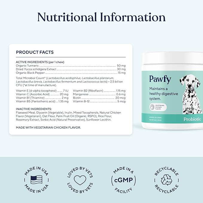 Pawfy Probiotics for Dogs | Supports Digestive Health, Diarrhea for Small and Large Dogs | Improves Gut Health | Anti Yeast Supplements | Promotes Skin Health and Seasonal Allergies Support - 30 Chews