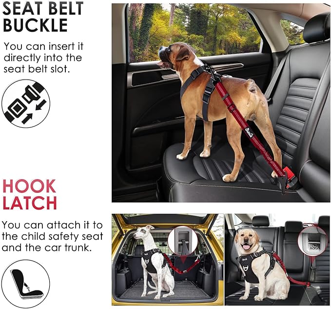 SlowTon Dog Seat Belt, Adjustable Dog Safety Belt Leash, 2 in 1 Latch Bar Attachment Dog Car Seatbelt with Elastic Nylon Bungee Buffer, Reflective Nylon Belt Tether(Red 35.5in)