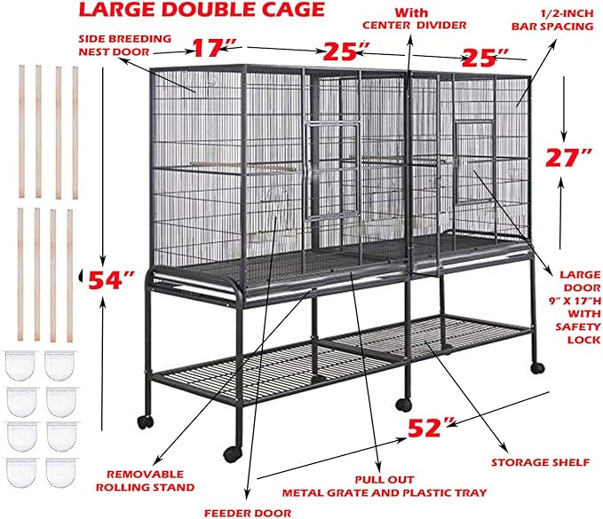 Large Double Birdhouse Treehouse Bird Flight Center Divider Cage with Side Breeding Nest Doors Removable Rolling Stand