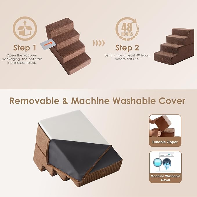 EHEYCIGA Dog Stairs for Bed 18" H, 4-Step Dog Steps for High Bed, Pet Steps for Small Dogs and Cats, Non-Slip Balanced Pet Indoor Ramp, Brown
