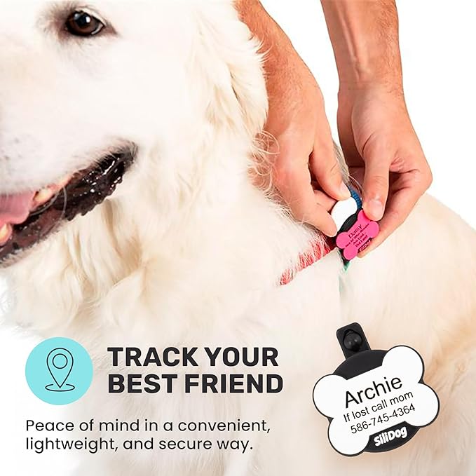 SiliDog AirTag Holder Silent Dog ID Tag – Personalized Engraved Silicone Pet Tag – Durable, Glow-in-The-Dark – Blue Bone